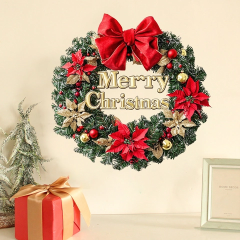 Weihnachts Kranz Wandaufkleber PVC Merry Christmas Brief Rote Schleife Goldene Kugeln Festliche Haus Fenster Deko