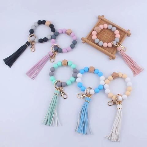 Llavero de Pulsera de Cuentas de Silicona Con Borla de Cuero Cuenta Octogonal de Madera Anillo de Llave Muñeca para Mujeres