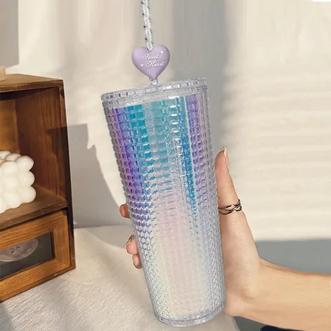 Studded Tumbler Double Wall Holographic Laser Gradient Plastic Straw Cup With Heart Charm Reusable Large Capacity Drinkware