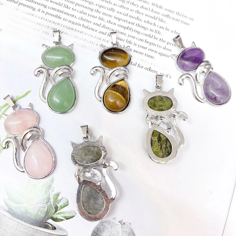 Cat Pendant Necklace Natural Crystal Gemstone Alloy Animal Shape Fashion Jewelry Gift For Women Girls Sitting Kitten Design