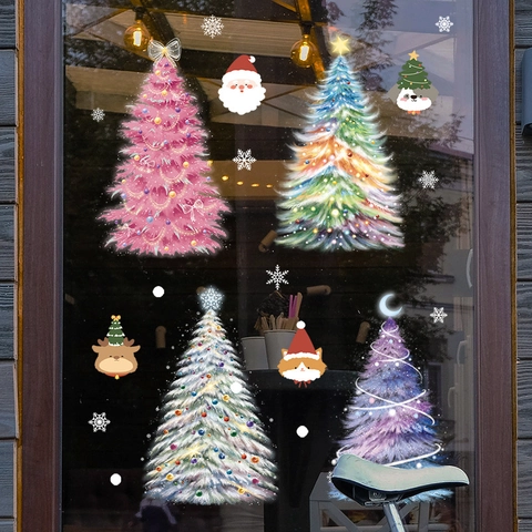 Christmas Window Stickers Static Cling PVC Decals Hand Painted Tree Santa Reindeer Snowflakes Glass Door Decor