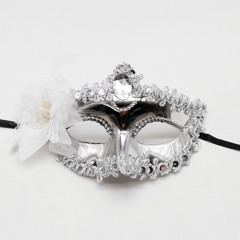 Maschera di Mascherata Veneziana Galvanizzata Fiore di Giglio Piuma Strass Festa Ballo Costume Cosplay