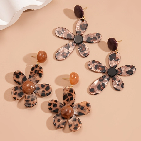 Leopard Flower Drop Earrings Resin Petal Vintage Retro Style For Women With 925 Sterling Silver Earring Post