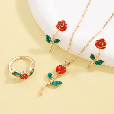 Romantische Rose Blume Schmuckset Gold Überzogen Legierung Rote Emaille Anhänger Halskette Ohrringe Ring Für Damen Valentinstag Geschenk