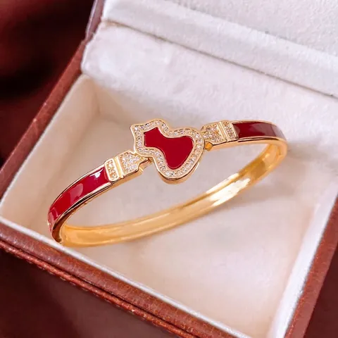 Brazalete De Gourd Hulu Chapado En Oro De 18K Cobre Esmalte Rojo Circonita Estilo Chino Vintage Joyería Para Mujer Diseño De Nicho