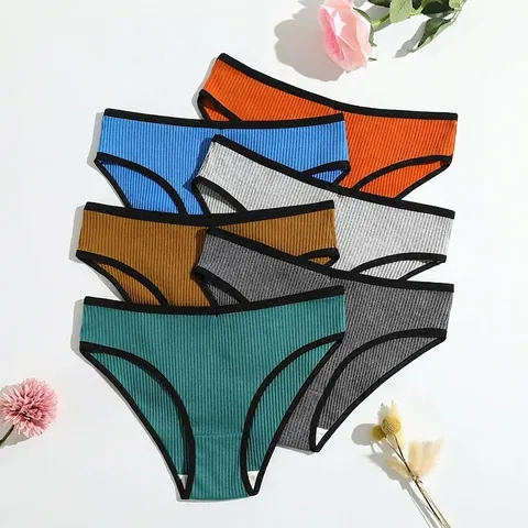 Mutandine In Cotone A Costine Da Donna Vita Bassa Traspirante Bordo A Contrasto Slip Tinta Unita Intimo