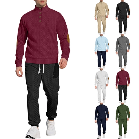 Men Polyester Knit Pullover And Pants Waffle Texture Stand Collar Button Long Sleeve Elbow Patch Joggers Sporty Casual