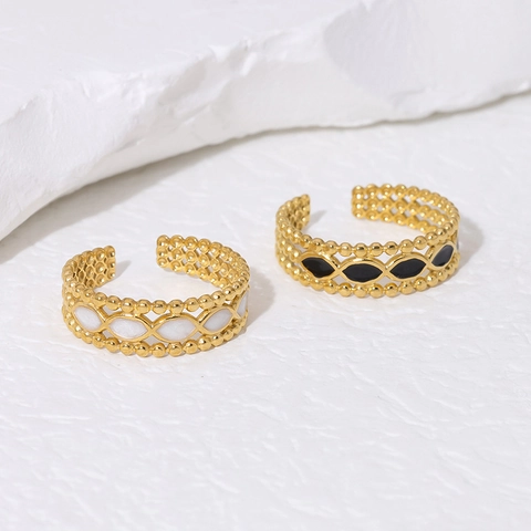French Retro Enamel Open Ring 18K Gold Plated Stainless Steel Hollow Beaded Adjustable Finger Jewelry For Women