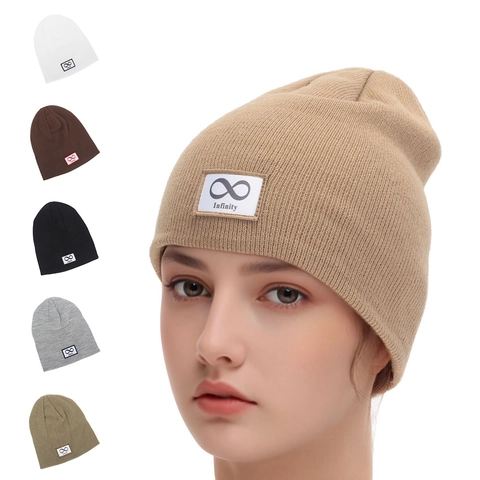 Strickmütze Beanie Acryl Warm Winter Infinity Patch Totenkopfkappe Minimalistisch Streetwear Für Damen