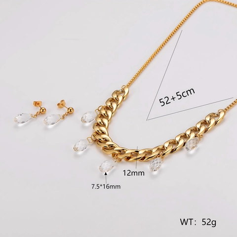 Eleganter Vergoldeter 304 Edelstahl Kubanische Kette Halskette Und Transparente Kristall Wassertropfen Ohrringe Für Damen