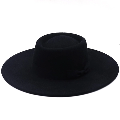 Retro Boater Hat For Women Elegant Wide Brim Flat Top Wool Felt Jazz Fedora With Bow Ribbon Decoration Vintage Style