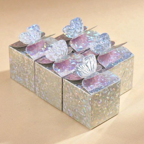 Laser Holografische Geschenkbox Mit 3D Schmetterlingsdeckel Diamant Textur Quadratische Party Favor Süßigkeitenbox Hochzeit