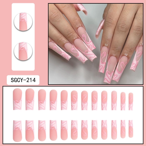 Uñas Postizas Press On Largas Ataúd Diseño Corazón Rosa Línea Francesa Estilo Dulce Para Manicura DIY