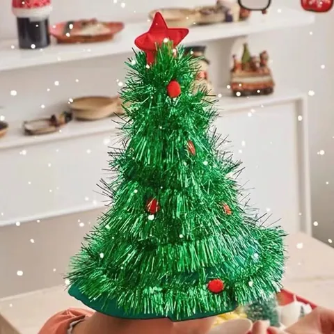 Christmas Tree Hat Tinsel Metallic Foil With Star Topper And Pom Poms Festive Holiday Party Costume Headwear Accessories