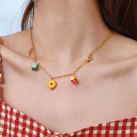 Enamel Food Pendant Necklace 18K Gold Plated Stainless Steel French Fries Pizza Donut Sweet Clavicle Chain Jewelry