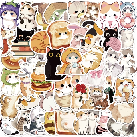 Cute Cartoon Cat Stickers PVC Waterproof Aesthetic Animal Decals For Water Bottle Laptop Phone Case DIY Scrapbooking Decoration Kids Gift