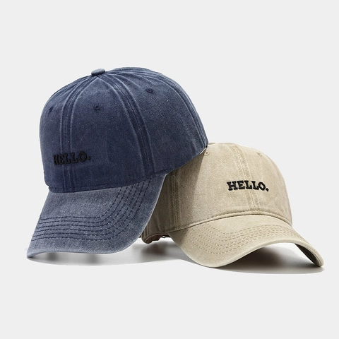 Washed Cotton Baseball Cap Vintage Distressed Hello Letter Embroidery Adjustable Sun Hat Casual Snapback For Men Women