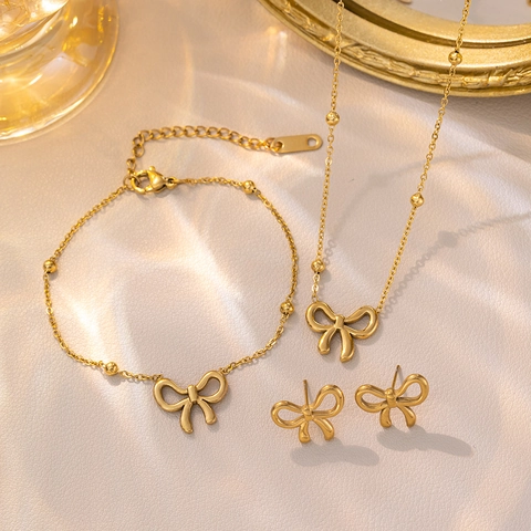Stainless Steel Bowknot Necklace Bracelet Earrings Women Sweet Round Bead Minimalist Elegant Fashion Accessory