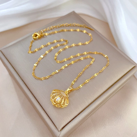 Collana Con Pendente A Conchiglia Placcato Oro Acciaio Al Titanio Con Zircone E Perla Artificial Gioielli Eleganti Da Donna