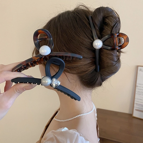 Pinza De Pelo Grande De Acrílico Con Perla Artificial De Imitación Diamante De Imitación Retro Geométrica Cuadrada De Carey Para Mujeres
