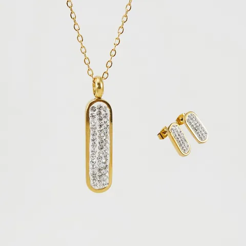 Women Jewelry Set Stainless Steel 18K Gold Plated Inlaid Rhinestone Rectangle Geometric Pendant Necklace Stud Earrings