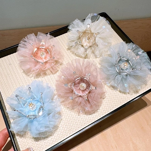 Mollette Per Capelli A Corona Per Bambine Tulle Pizzo Perla Artificial Strass Principessa Accessori Per Capelli Scintillanti Carini