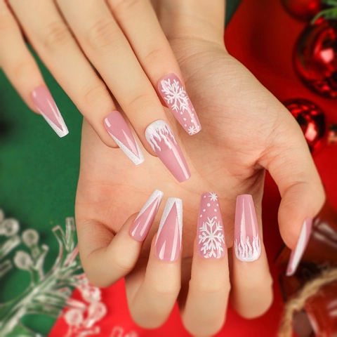 Pink Christmas Snowflake Press On Nails Long Coffin Shape White French Tip Glitter Winter Holiday Artificial Nails