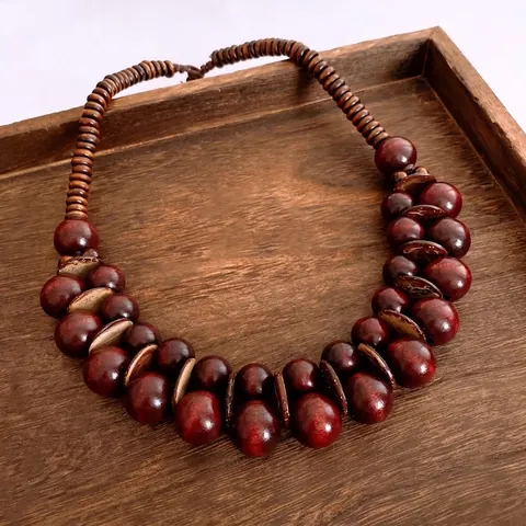 Vintage Ethnische Halskette Holzperlen Kokosnussschale Rund Klobig Boho Handgereiht Schmuck Für Damen