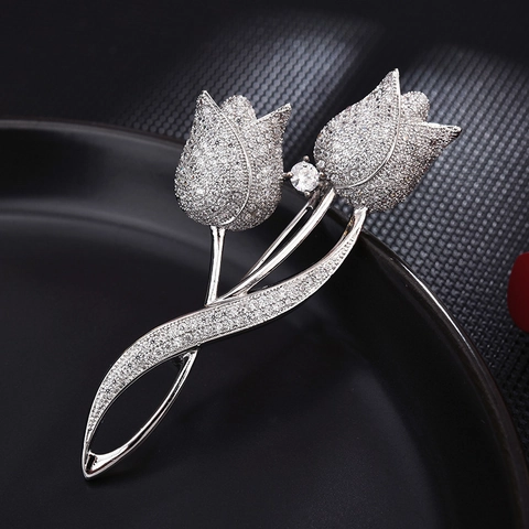 Elegante Broche De Flor De Tulipán Para Mujer Aleación Pavé Rhinestone Brillante Pin De Solapa De Traje Joyería