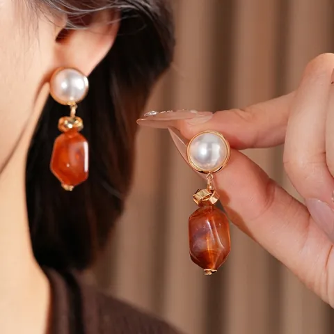 Vintage Hänger Ohrringe Mit Silver Earring Post Unregelmäßiges Harz Bernstein Marmor Kunstperle Legierung Geometrisch Für Damen