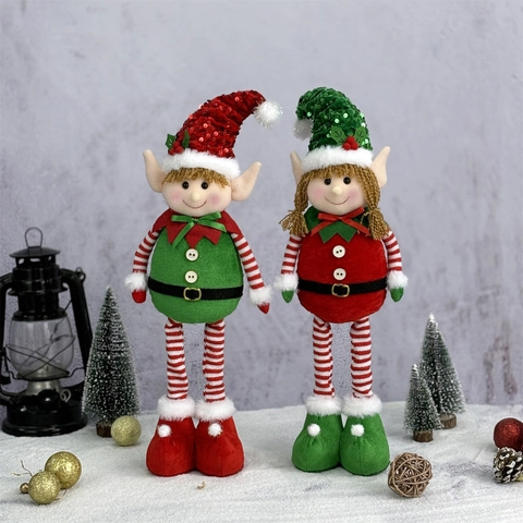 Christmas Elf Dolls Seated Long Leg Ornaments Sequined Hat Plush Stuffed Figurines For Holiday Home Tabletop Decor