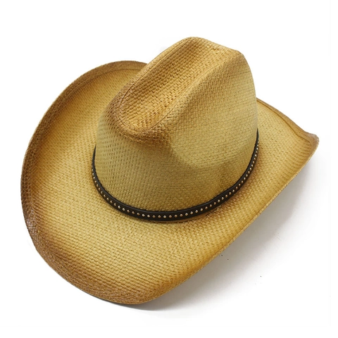 Western Cowboy Straw Hat Wide Brim Paper Straw Sun Protection Retro Style With Riveted Leather Band