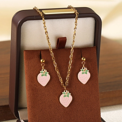 Strawberry Pendant Necklace And Earrings Stainless Steel Gold Plated Enamel Sweet Summer Vacation Style For Women