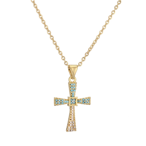Collana Con Pendente A Croce Rame Placcato Oro Con Zircone Colorato Crocifisso Religioso Gesù Cuore Intagliato Moda Per Donne Uomini