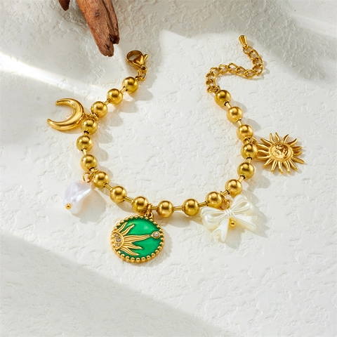 Bracelet En Acier Inoxydable Plaqué Or Avec Pendants Soleil Lune Nœud Émail Et Künstliche Perle Baroque Pour Femme Vintage Boho