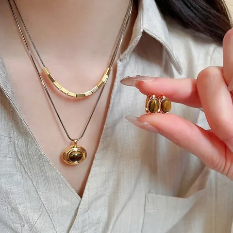 Conjunto De Joyas Vintage Maillard Cobre Chapado En Oro 18K Collar Pendientes Ojo De Tigre Con Poste De Plata De Ley 925