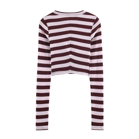 Top Crop A Righe Donna Maglia Maniche Lunghe Girocollo Casual Vestibilità Aderente Streetwear T-Shirt