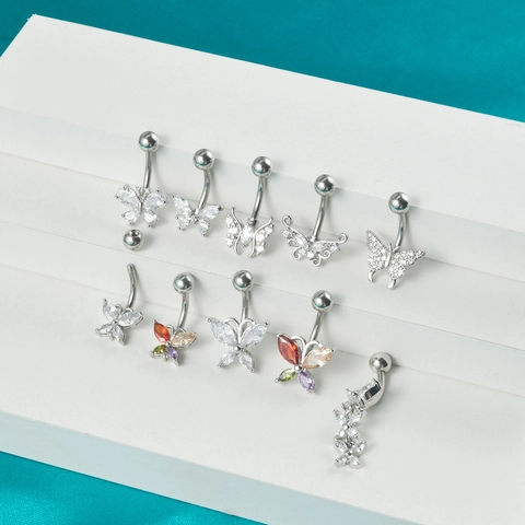 Stainless Steel Butterfly Belly Button Ring With Zirconia Inlaid Navel Piercing Jewelry For Women Fashion Body Decoration