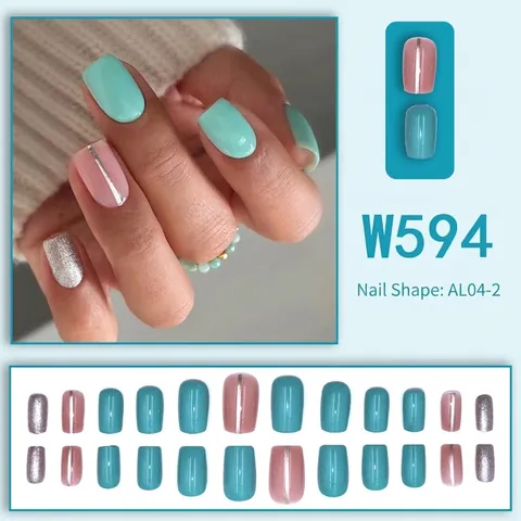 Press On Nails Glossy Square Head French Style Tiffany Blue Nude Pink Silver Glitter Artificial Fingernails For Women Elegant