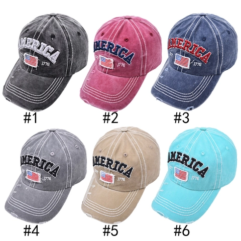 Washed Cotton Baseball Cap Vintage Distressed Retro America Flag Embroidery Adjustable Streetwear Sun Protection Hat