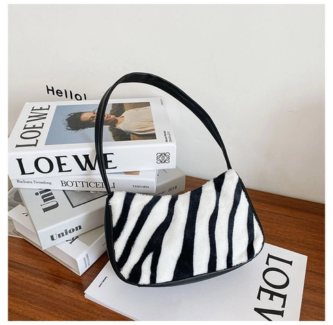 Borsa Baguette Da Donna Peluche Pelliccia Sintetica Stampa Animale Zebra Mucca Borsa A Spalla Ascella Retro Moda Chic