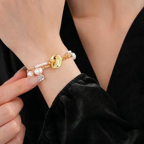 Pulsera De Perlas De Agua Dulce De Doble Capa Vintage Francés Cuentas De Cobre Chapadas En Oro Joyería Barroca Mujeres