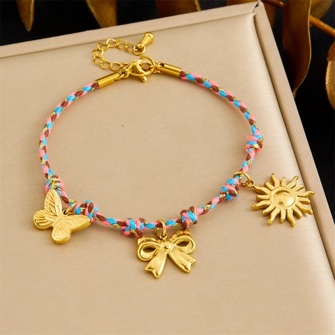 Stainless Steel Bracelet Colorful Woven Cord For Women Butterfly Bow Sun Gold Plated Pendants Bohemian Style Adjustable