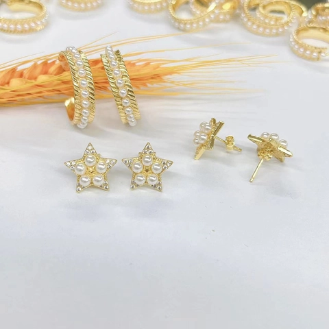 Pendientes De Perlas Artificiales Estrella Y Aros En Forma De C Cobre Chapado En Oro 18K Circonita Para Mujer