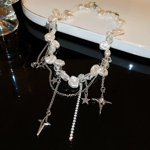 Collar De Capas Con Perlas Barrocas Artificiales Y Colgante De Estrella Para Mujer Aleación Diamantes De Imitación Joyería Minimalista
