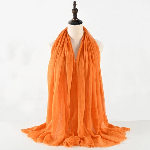 Solid Color Crinkle Pleated Scarf For Women Cotton Linen Blend Breathable Large Wrap Hijab With Fringe Edge Ethnic Scarf Shawl