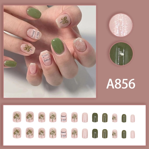 Green And Pink Press On Nails Short Square Artificial False Nails With Glitter Clover Pattern Good Luck Style For Women