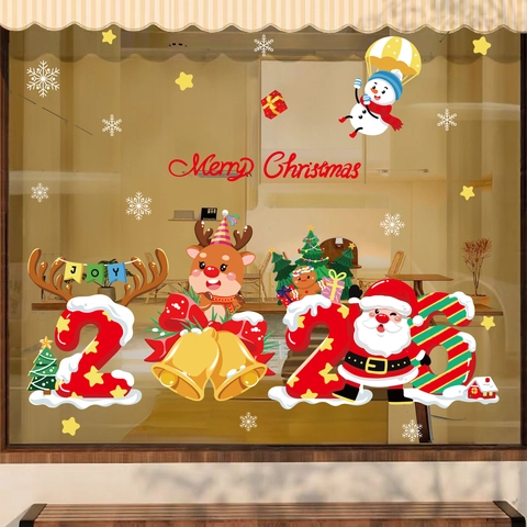 2026 Frohe Weihnachten Statische Fensteraufkleber PVC Doppelseitig Weihnachtsmann Schneemann Rentier Schneeflocke Deko Shop