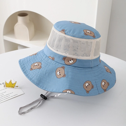 Kids Cartoon Bear Print Bucket Hat Breathable Mesh Sun Protection Summer Fisherman Hat With Adjustable Windproof String