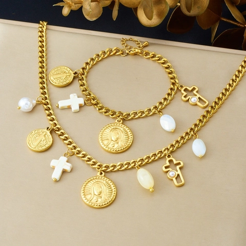 Collar Y Pulsera De Acero Inoxidable Virgen María Cruz Medallas Religiosas Perla Artificial De Imitación Joyería Vintage Retro